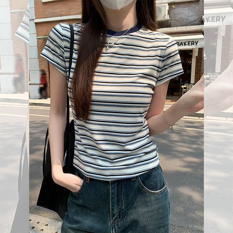 American Retro Striped Front Shoulder Crew Neck Short-sleeved T-shirt Women's Summer New Spice Girl Slim-fit Waist Top