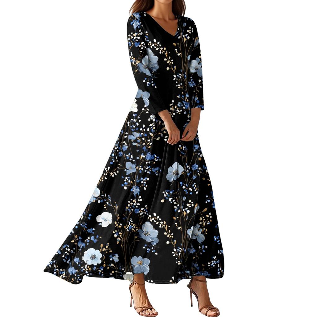 Women’s Long Sleeve V Neck Maxi Dress with Floral Print Loose Fit Lightweight Casual Style for Daily Wear