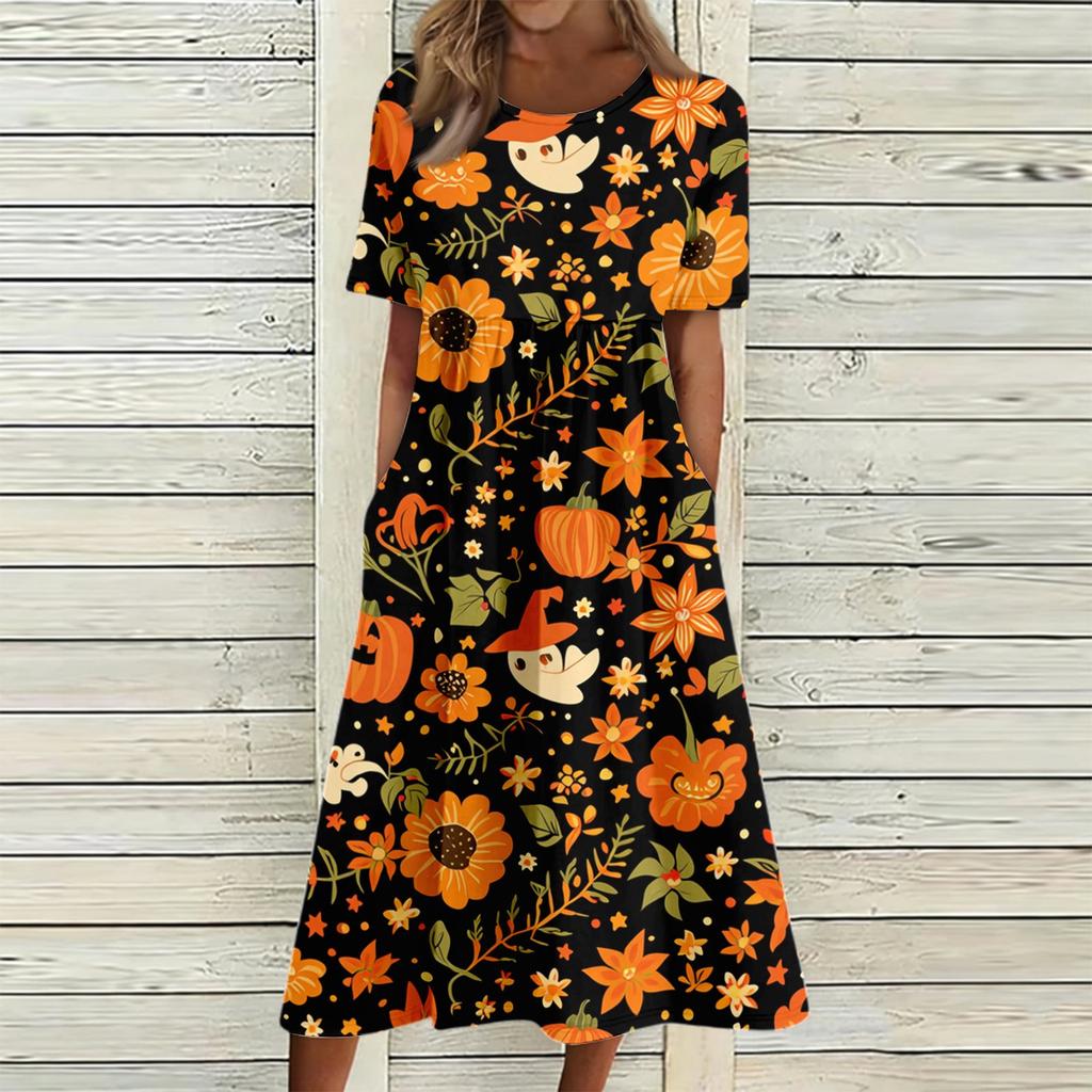 Women's Casual Halloween Print Patchwork Dress Short Sleeve Round Neck Pocket Midi Dress Loose Fit Comfortable Everyday Wear