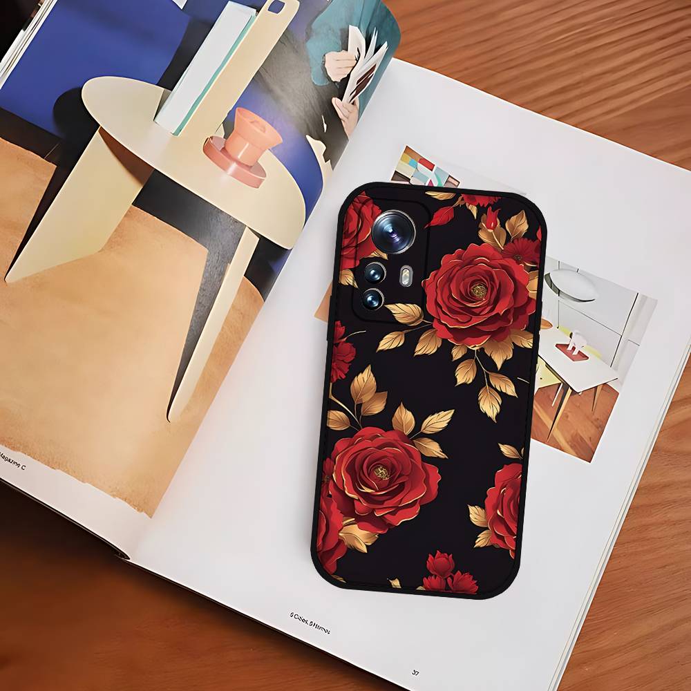 

N-New R-Retro F-Fashion R-Rose Black Shockproof Phone Case Snug Fit For Xiaomi 12,11,12S Ultra & Redmi Note 11,10T,9,9A,8Pro,8 Redmi Note 9S