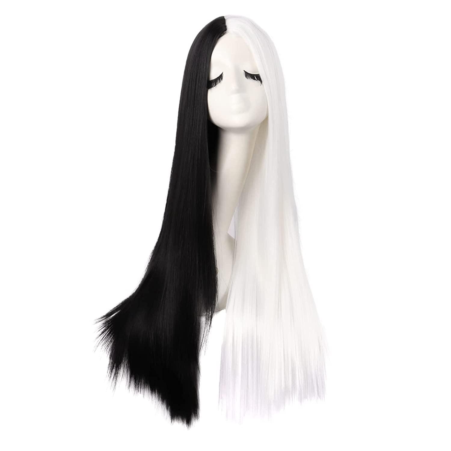 Cosplay-Perücke weiblich schwarz rosa zweifarbig Yin und Yang Kopf Qi-Pony langes glattes Haar Chemiefaser Kopfbedeckung white