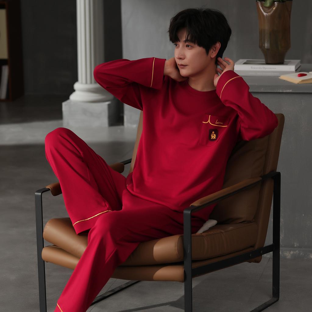 Spring and autumn new red cotton long-sleeved newlywed couple pajamas wedding men and women with chest pads for wedding loungewear winter