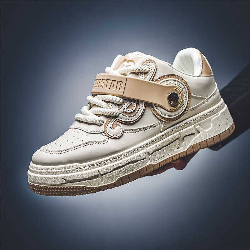 

Casual board shoes men s spring leather surface waterproof youth outdoor sports shoes niche design sense advanced sense bread shoes 44 бежевий