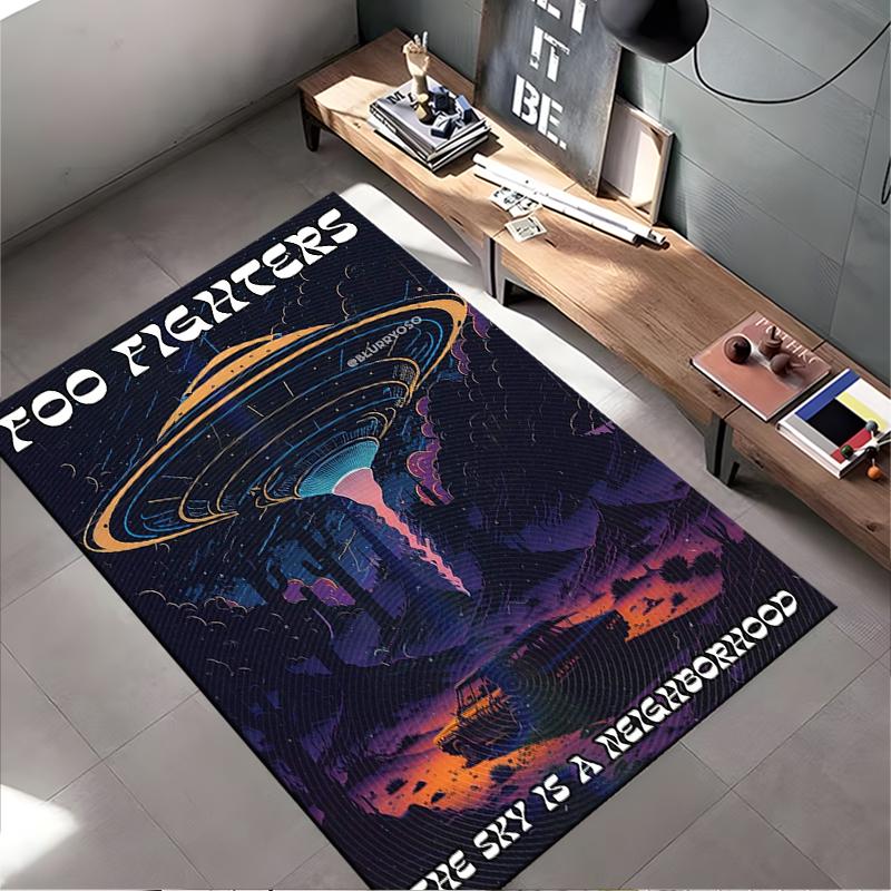 Rock Band Area Rug, Foo Fighters The Sky is a Neighborhood UFO Desert Car Synthwave Print, Music Studio Decor, Non-Slip Mat