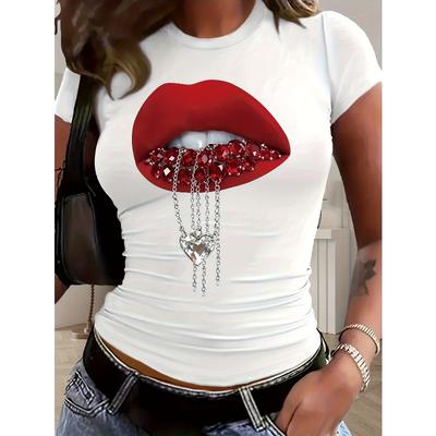 T-shirt con Stampa Labbra & Catena Stile Y2K Taglia Europea - Maglietta a Maniche Corte Girocollo con Design Labbra Lucide & Gioielli