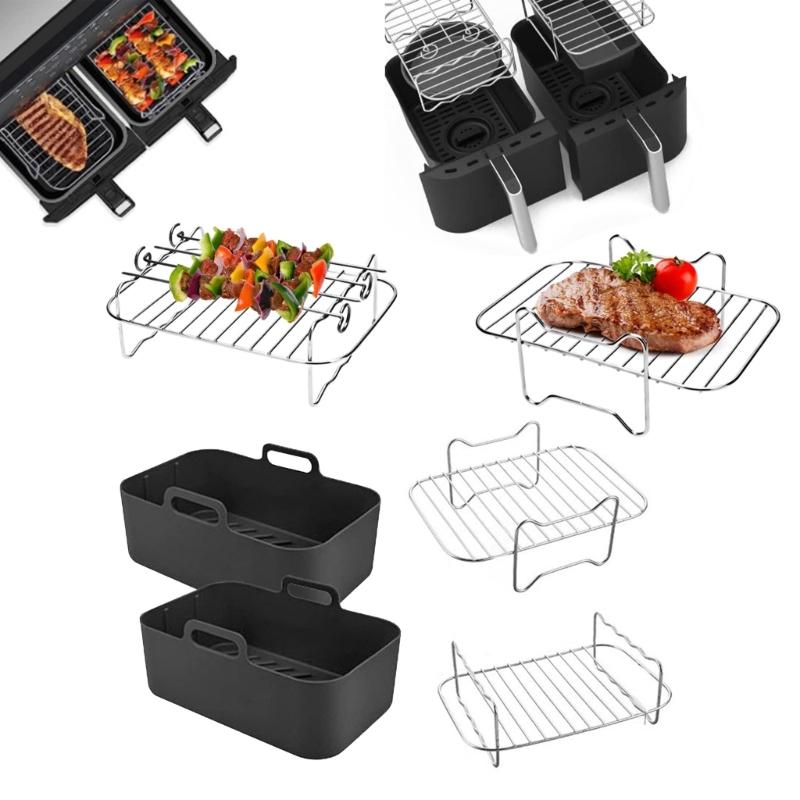 4pcs Air Fryer Rack Silicone Basket Oven Baking Tray Liner Double Layer Roasting Rack for AF400UK Air Fryer Accessories
