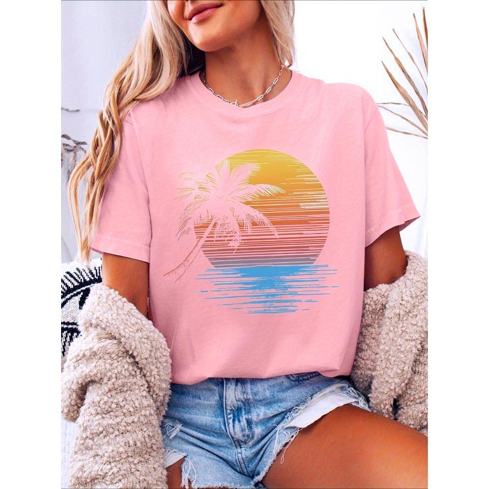 Tropical Palm Tree T-Shirt Soft Women's Tropical Palm Tree Graphic T-Shirt Short Sleeve Crew Neck Summer Woman