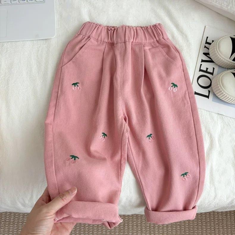 Girls Casual Pants Autumn Cherry Sweet Embroidery Loose Autumn Outfit for Girls Stylish Baby Girl Pants Spring