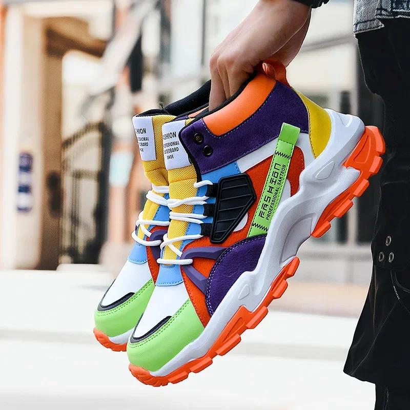 Luxury High Top Yellow Bottom Men Casual Shoes Colorful Leather Mens Designer Shoes Zapatos Hombre Spring Fashion Men Sneakers
