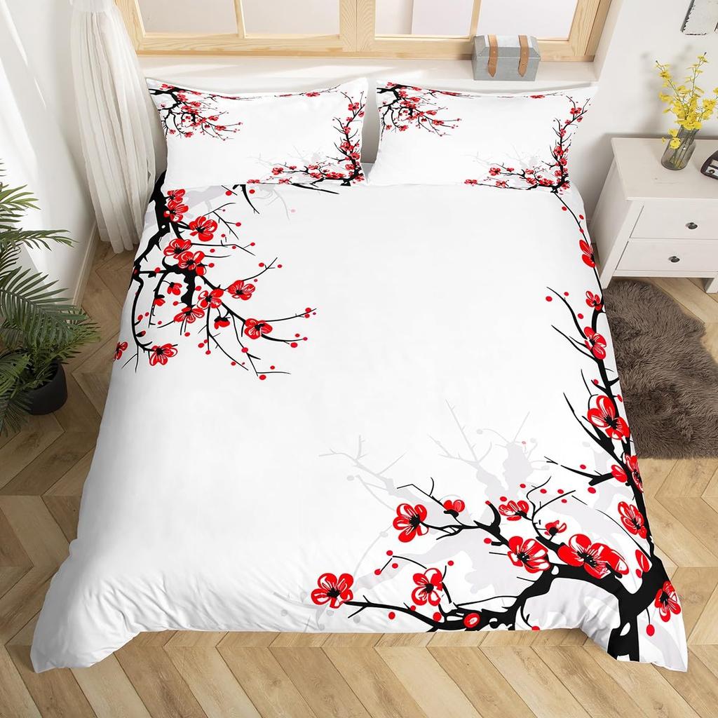 Cherry Blossoms Bedding Set for Boys Girls Japanese Style Floral Botanical Comforter Cover Twin King Sakura Flower Duvet Cover