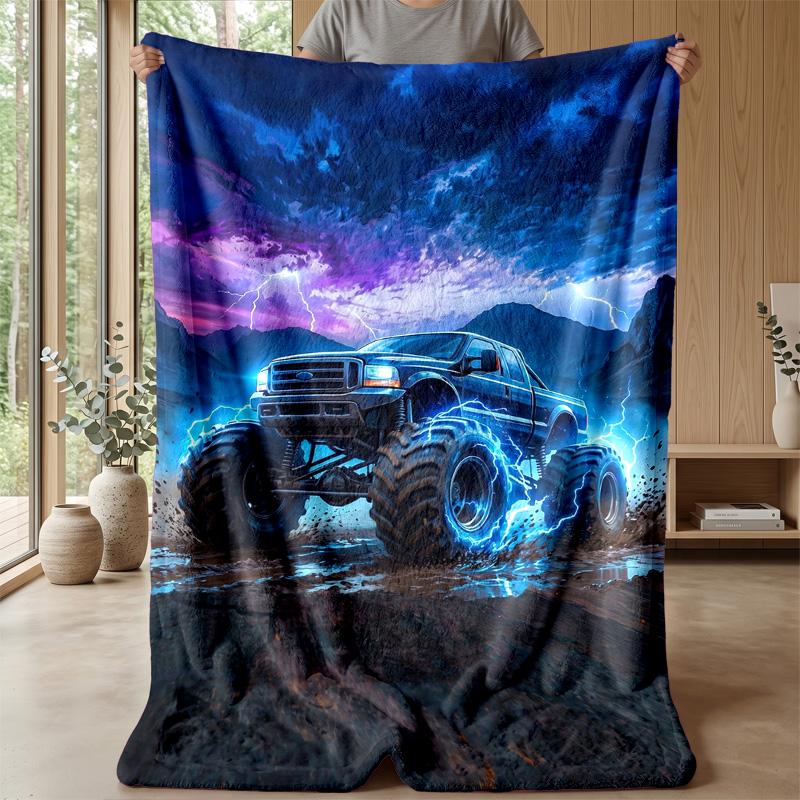Sunset Monster Truck Adventure Theme Blanket Lightweight Warm Flannel Blanket Decorative Throw Blanket for Home Decoration