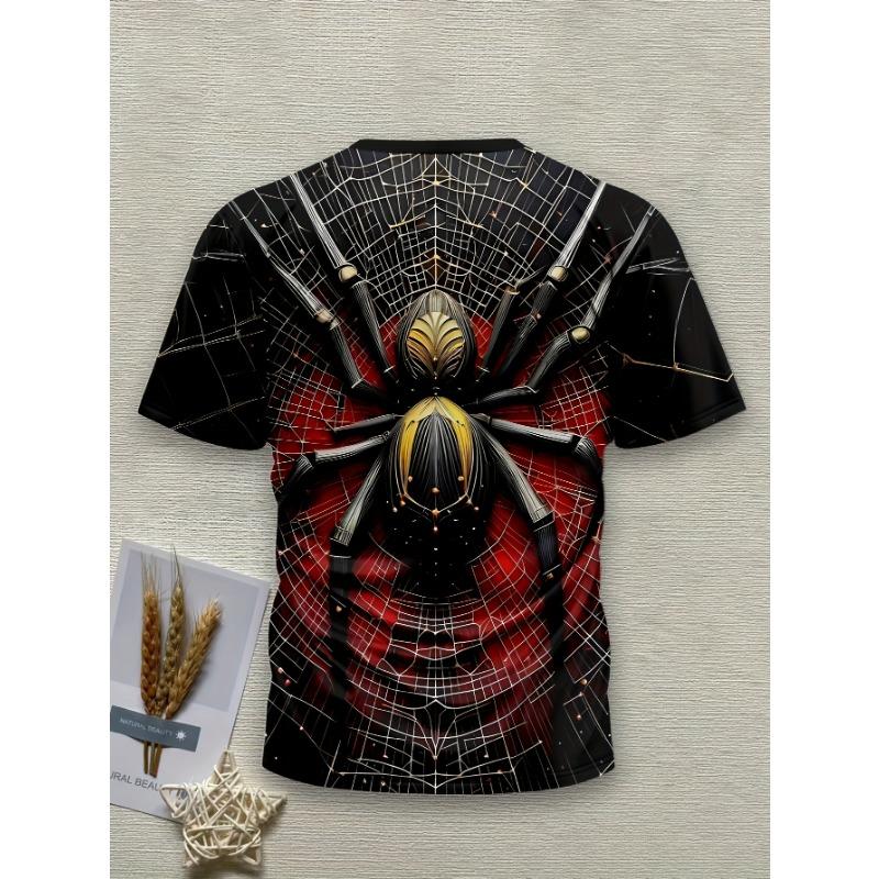 Cool Gothic Spider 3D Graphic Tee Men's Fashion Short Sleeve T-Shirt Casual Crew Neck Spooky Animal Art Summer Holiday Streetwear Apparel Clothing