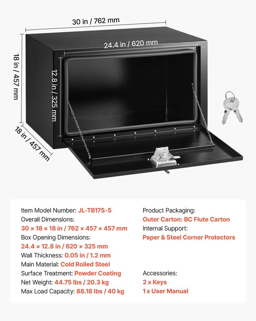 Underbody Truck Tool Box, 762 x 457 x 457 mm Heavy Duty Steel Trailer Storage Box with Lock & Keys, Waterproof Trailer Storage Organizer Under Body
