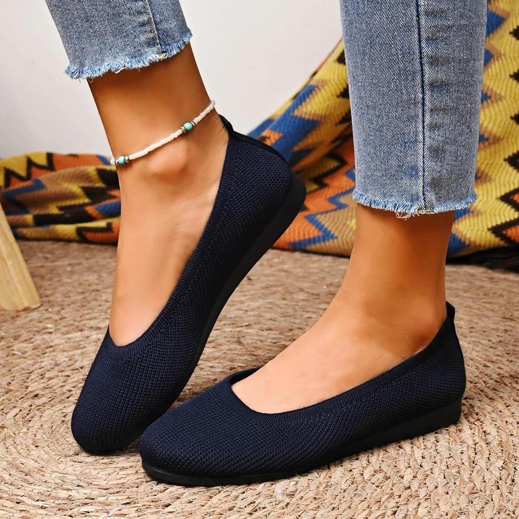 Women Flats Casual Slip On Shallow Shoes Comfortable Knit Ballet Flat Shoes Round Toe Office Boat Shoes Trend Plus Size Loafers