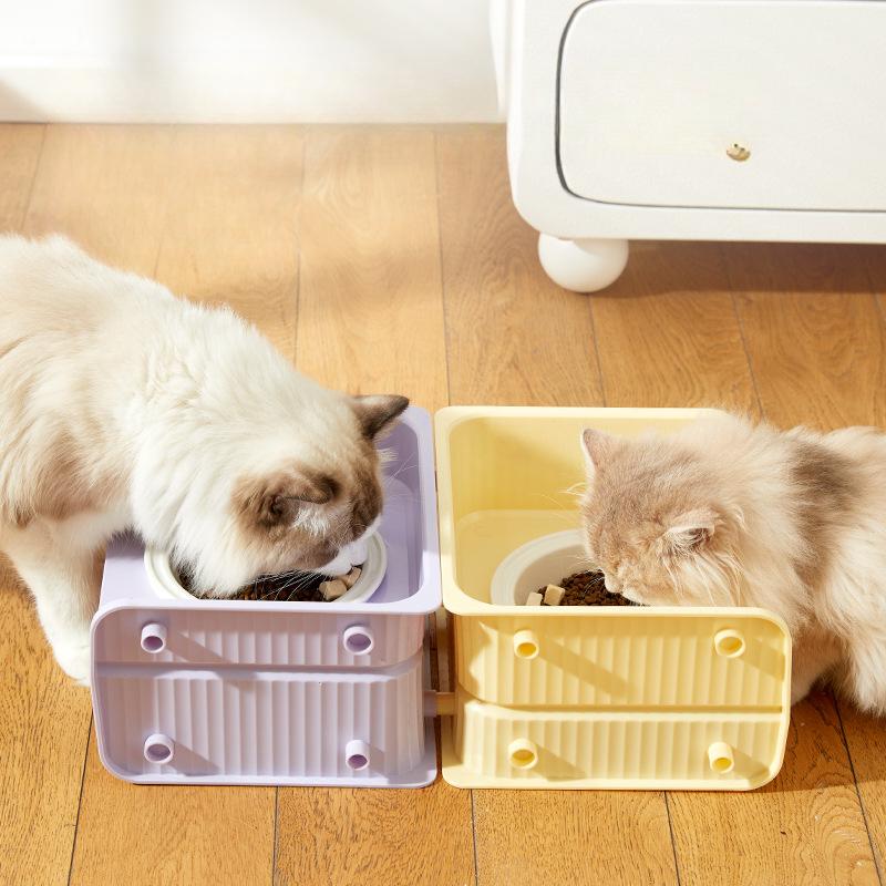Ceramic Cat Bowl Square Elevated Bowl Adjustable Height Neck Guard Food Bowl Anti-Tip Cat and Dog Rice Bowl