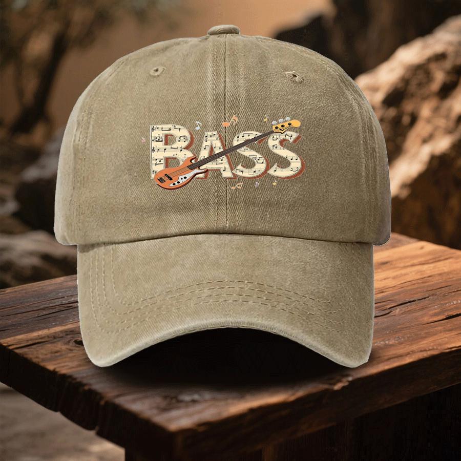 A Cap Featuring The Letters BASS with a Design That Incorporates Musical Notes Bass Guitars And Music Symbols This Stylish