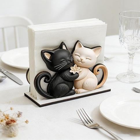 Wooden Cat Tissue Holder, Adorable Black & White Couple Cat Design, Decorative Tabletop Tissue Storage Rack for Home