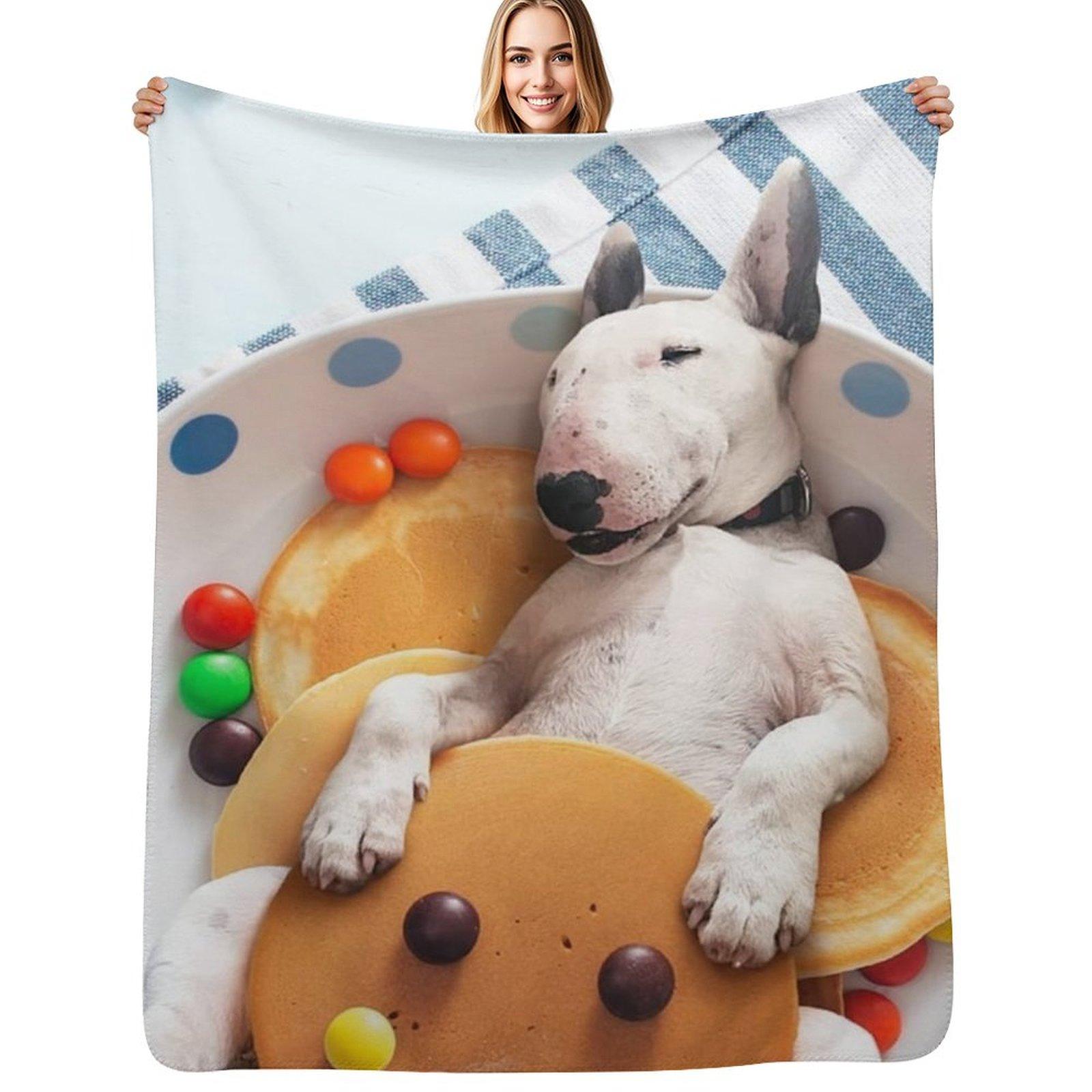 Miniature Bull Terrier Pancakes Throw Blanket Cozy Warm Blanket for Bed Room Decor Size: 75*100cm, Weight: 230 GSM