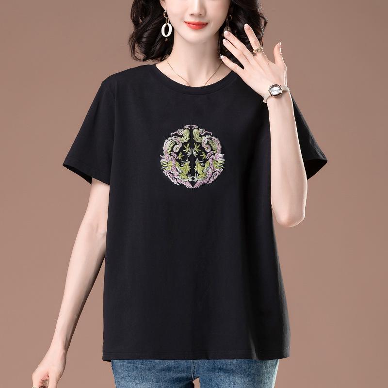 Damen Übergröße Baumwoll-T-Shirt mit Stickerei - Kurzarm, lockere Passform für den Sommer