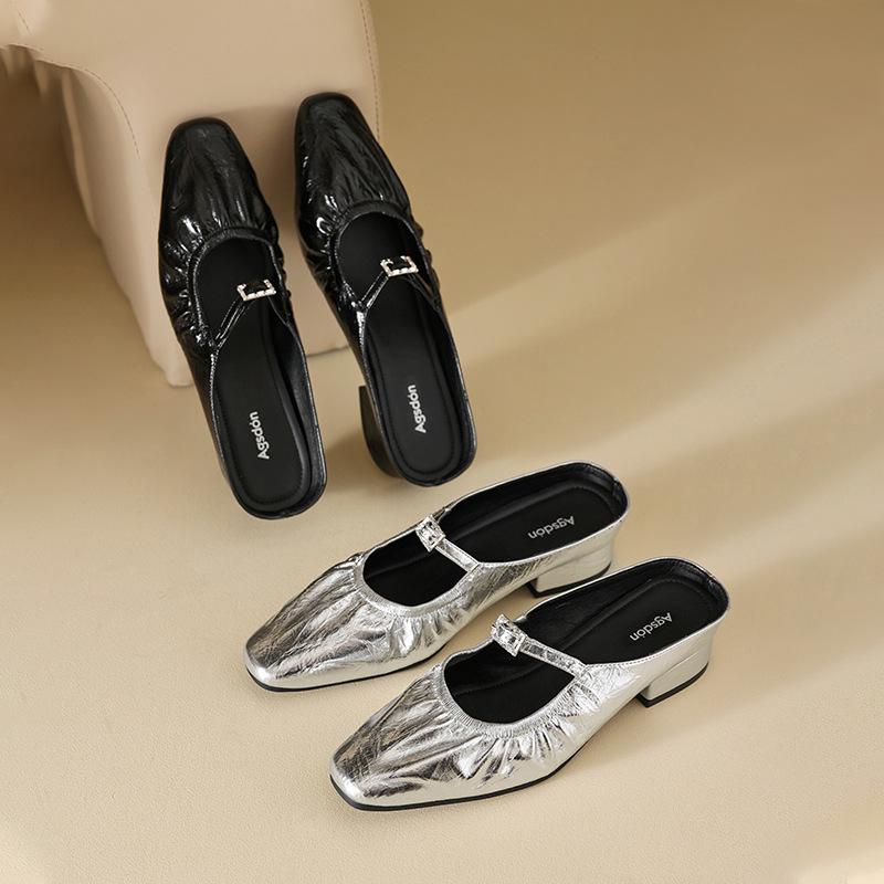 Augustine thick heel half slippers women's outerwear summer 2025 new silver bag head Mary Jane Muller sandals