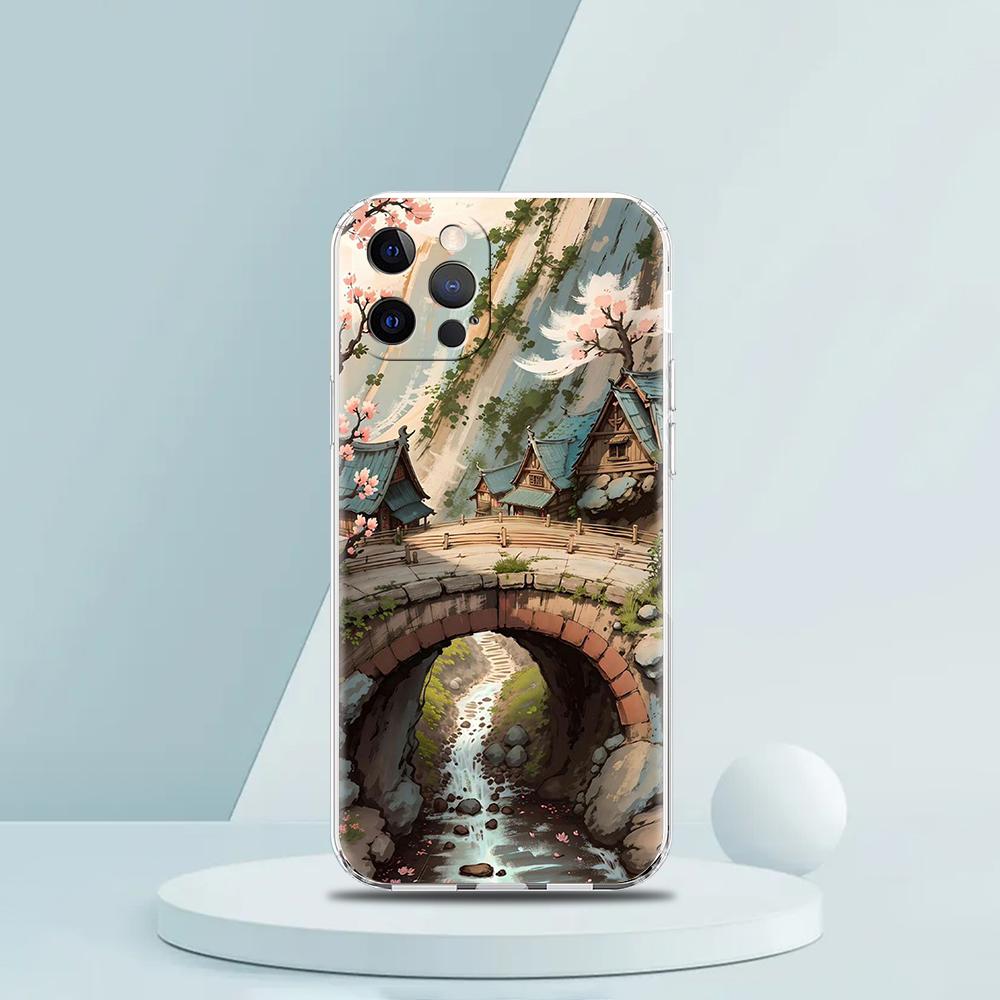 For iPhone 15 16 14 13 12 mini 11 Pro Max XS X XR SE 7 8 Plus Silicone Clear Cover Landscape Art Luxury Phone Case