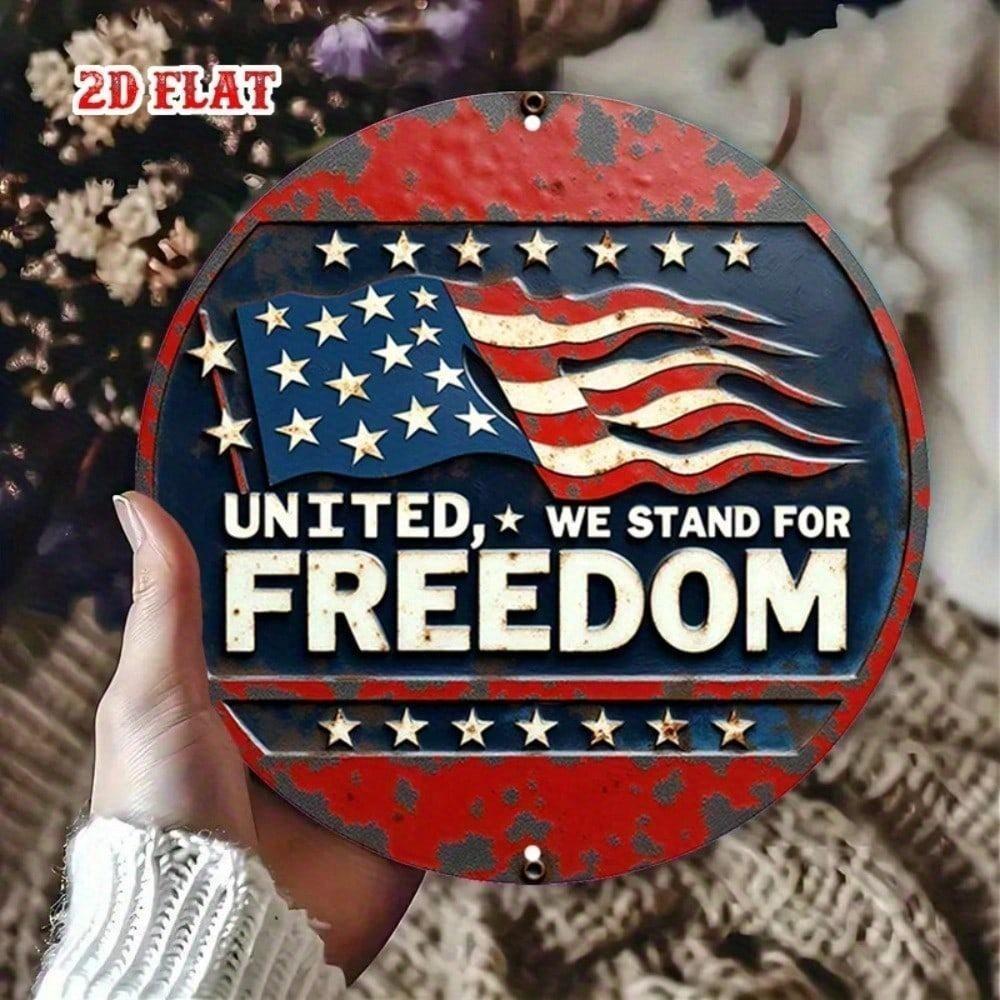 1pc Retro US Flag Metal Wall Decor, Rustic Round Patriotic Sign, Distressed Finish Red White Blue Stars