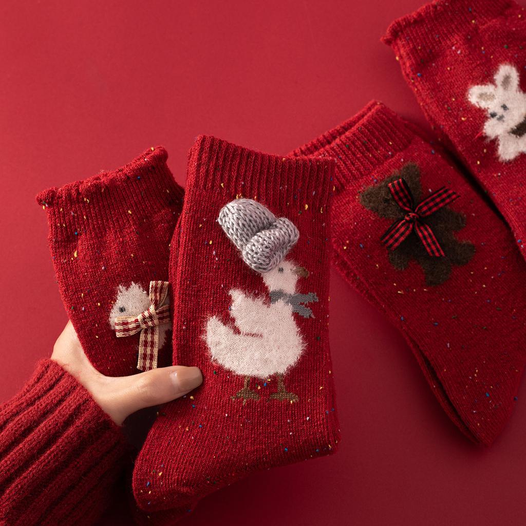 Red Socks Women'S Wool Thickened Warm Ideas Yarn Tube Socks Winter Thick Line Natal Year Big Red Stockings