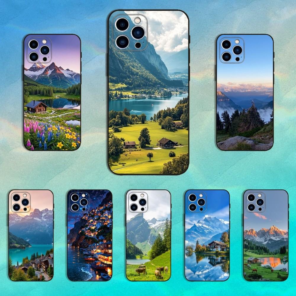 Mountains landscape Travel Phone Case For iPhone 16,15,14,13,12,11 Plus,Pro Max,XS,X,XR,SE,Mini,8,7,Soft Silicone Black Cover
