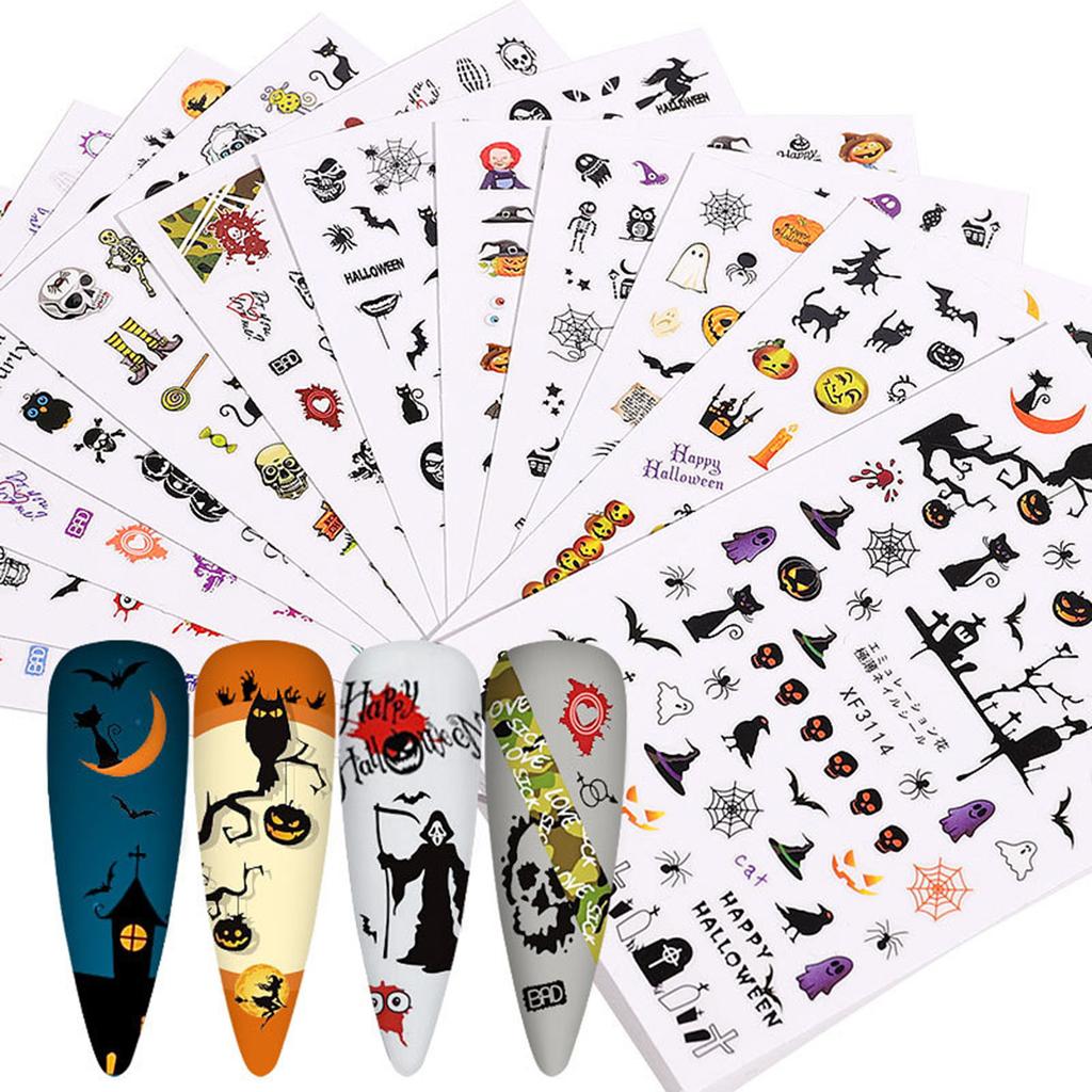 12Pcs Halloween Manicure Stickers Skull Pumpkin Nail Art Stickers Spooky Decals for Women DIY Manicure Halloween Party Props