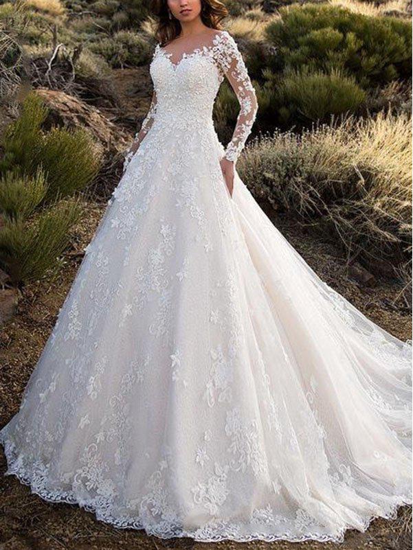 2024 Women's Lace Wedding Dress with Floral Train and Elegant Swing Evening Gown