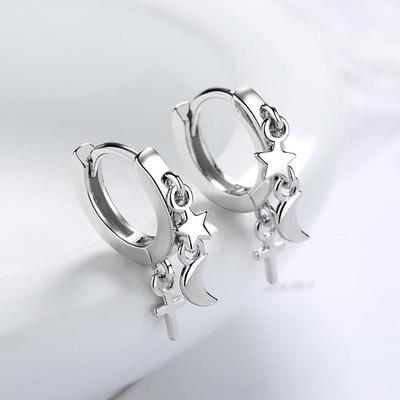 Trendy 925 Sterling Silver Earrings For Women Creative Moon Star Vintage Cross Hoops Jewelry Girl Accessories Party Gift