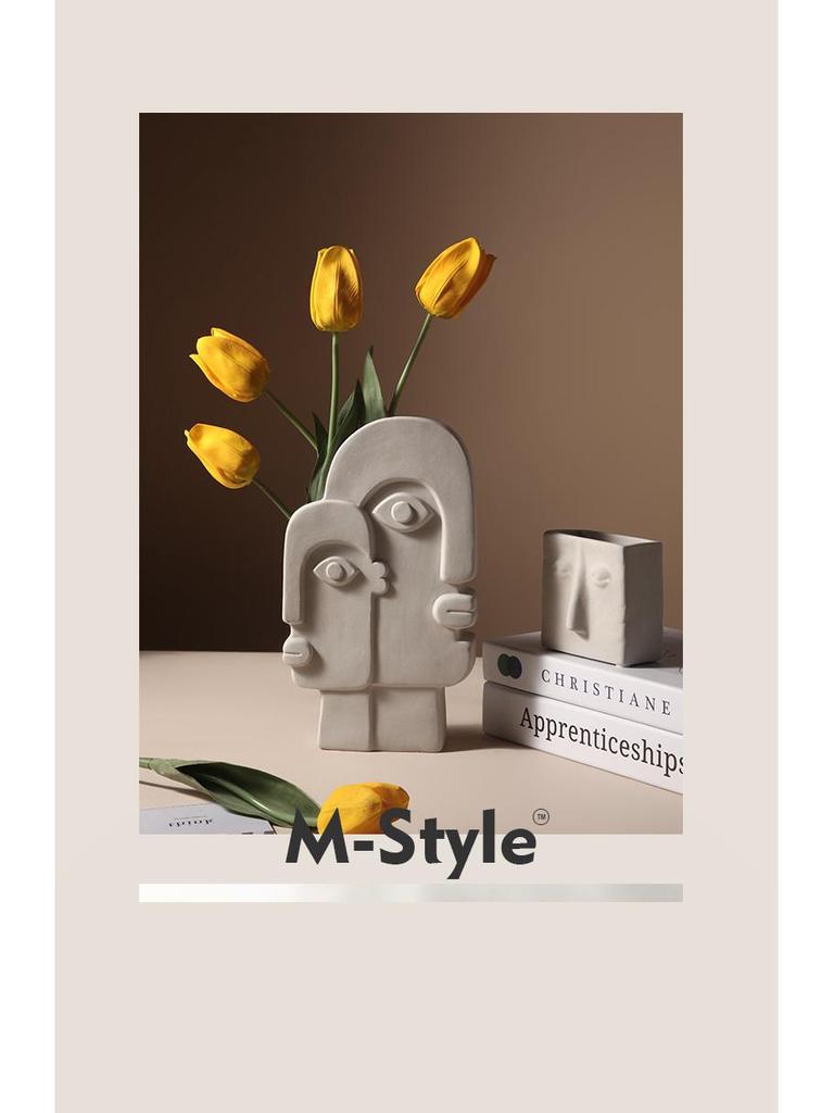 Retro Wabi-Sabi Clay Ceramic Face Sculpture Vase for Home Decoration