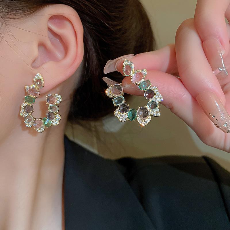 Shiny Colorful Zircon Rhinestones Stud Earrings For Women Temperament Irregular Round Earrings Female Party Ear Jewelry Gifts K-