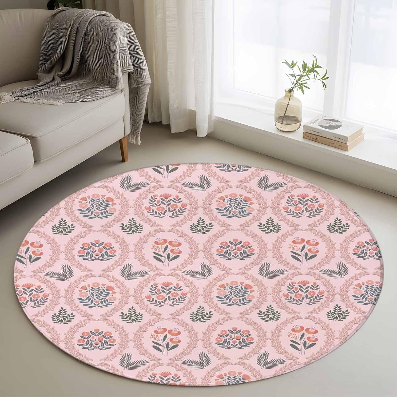 

Vintage Botanical Round Rug Purple Flower Pattern Area Carpet Retro Plant Carpet Soft Bedroom Living Room Decor Circle Mat 80cm x 80cm