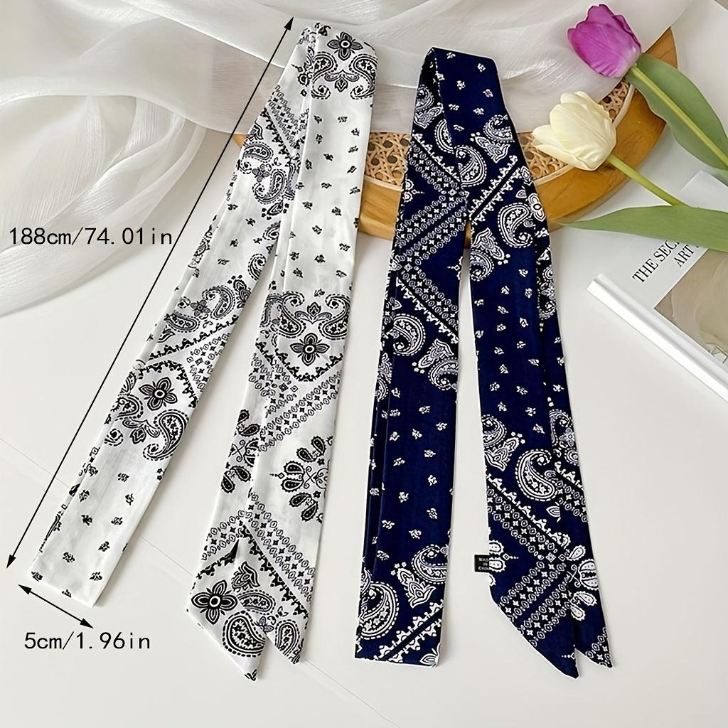2Pcs, two navy blue and white, 188 * 5cm, thin and narrow long silk scarves, versatile cashew nut flowers in summer, tied hair