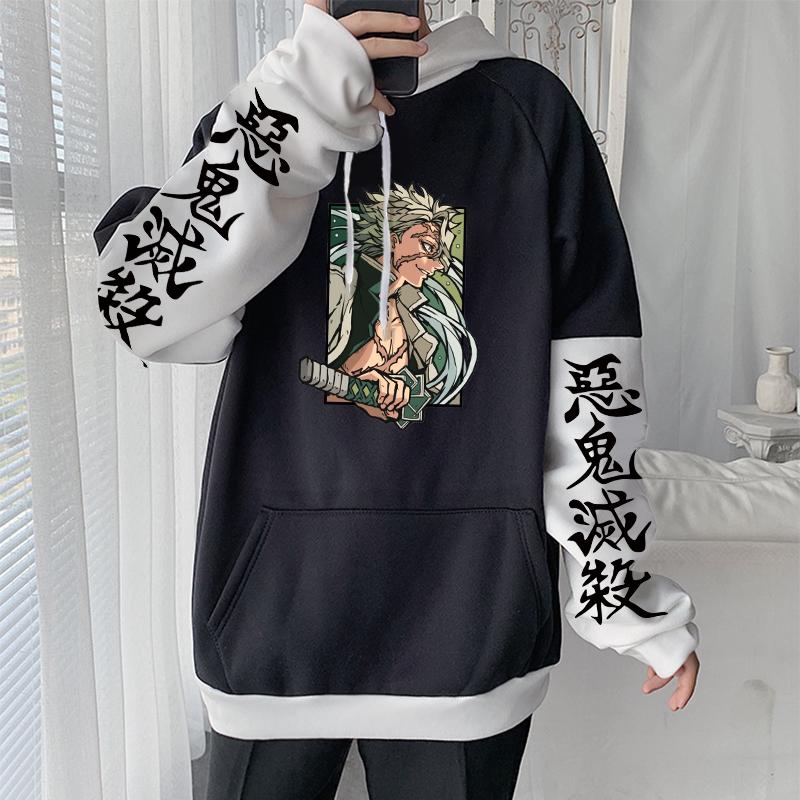 Anime Demon Slayer Kokushibo Douma Retro Cartoon Men Hoodies Casual Harajuku Unisex Patchwork Winter Hooded Sweatshirts