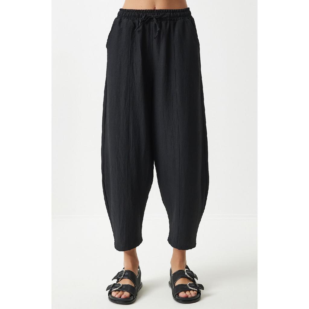 Women's Black Pocketed Linen Viscose Shalwar Trousers Cv00001