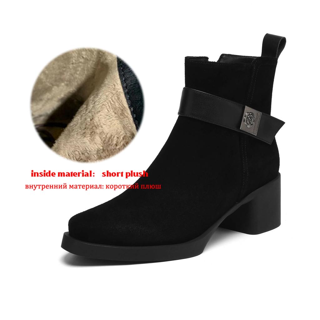Krazing Pot Cow Suede Nubuck Round Toe Chunky Heels Chelsea Boots Size 43 Zipper Metal Flowers Women Platform Ankle Boots