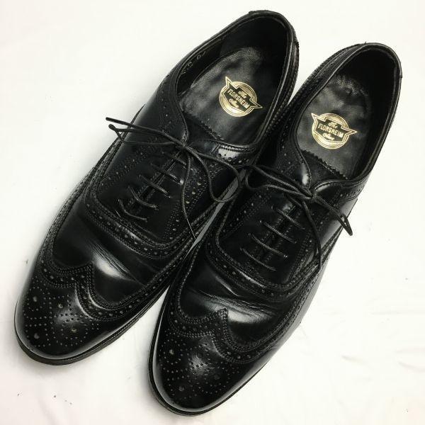 80s Vintage 1984 FLORSHEIM Full Brogue Wingtip Business Shoes Black size 9D 26.5-27.0(USED)