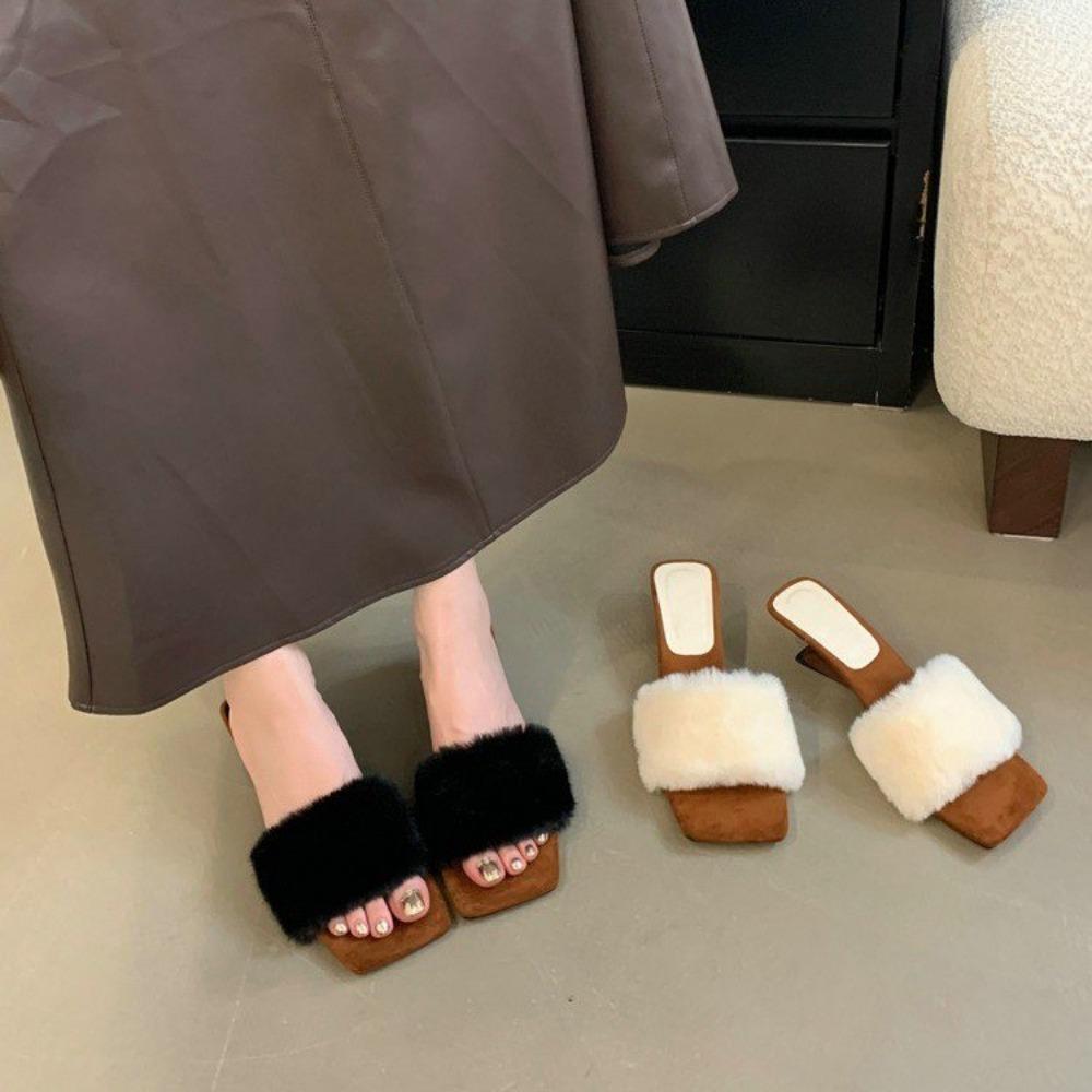 Fashion Summer Woman Modern Slipper High Heel Fashion Color Feather Fur Peep Toe Slippers Female Slides Shoes Outside Sexy Leisure Shoes