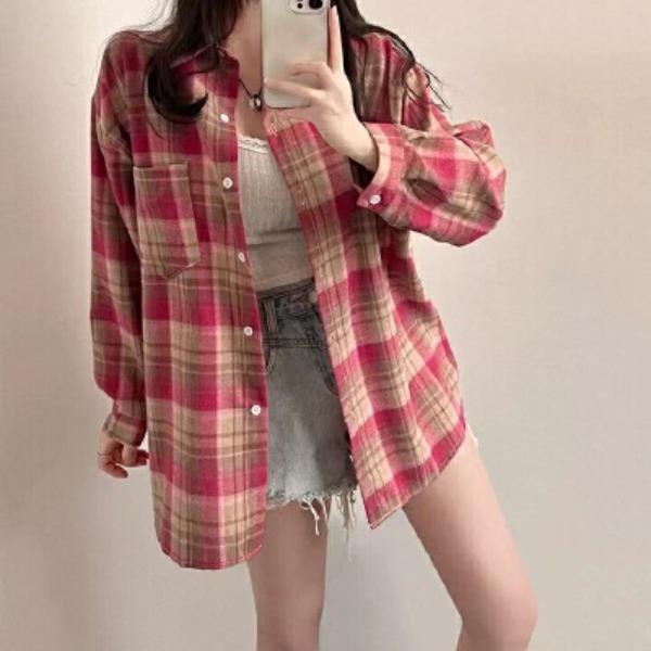 Korean Style Women's Plaid Shirt Top Plaid Shirt Loose and Versatile Thin Shirt Jacket