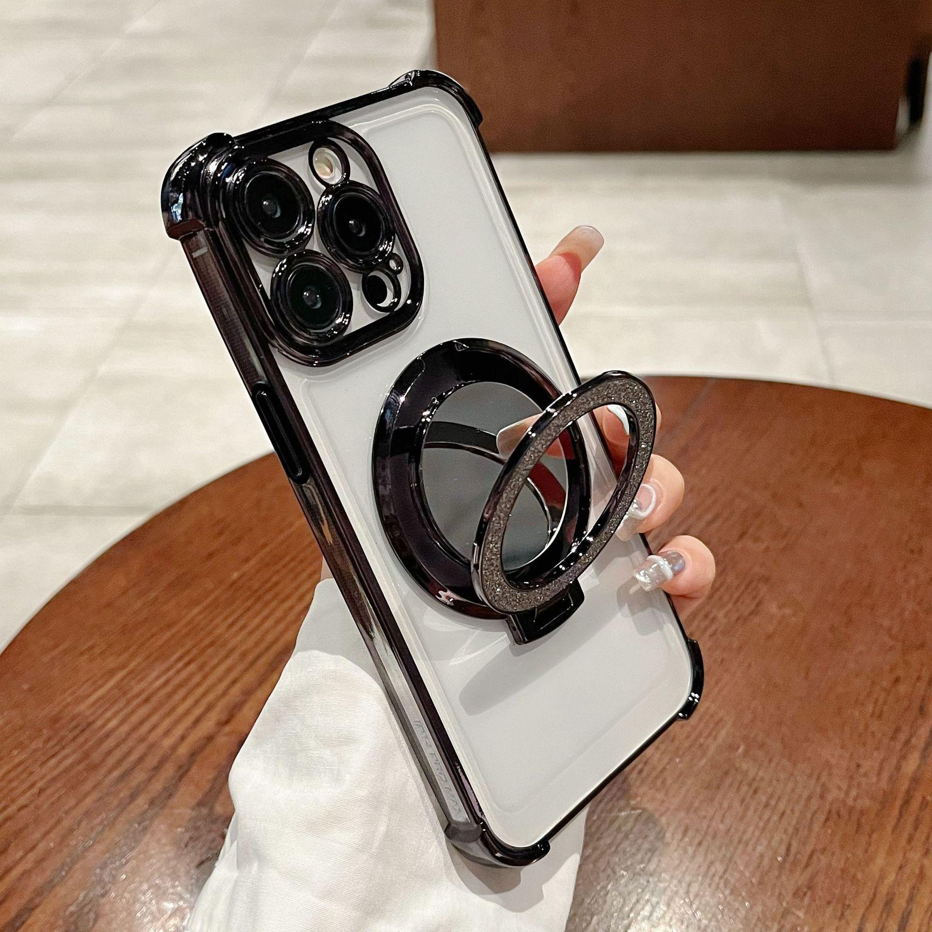 

Applicable To Apple 15P Mobile Phone Case Flash Powder Magnetic Suction Bracket Wallet Electroplating 14 Four Corner Anti Fall Protection Case 16 iPhone12pro