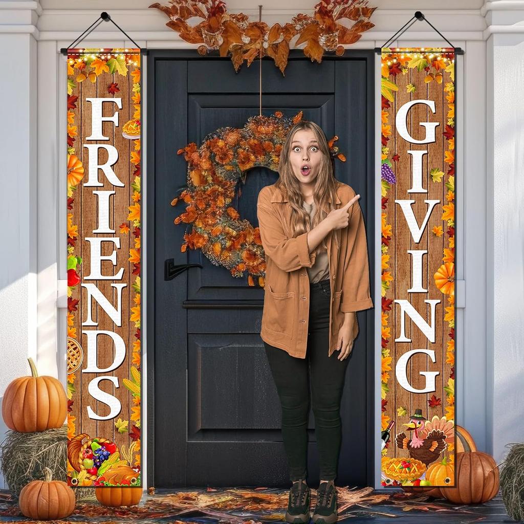 Friendsgiving Party Decorations Porch Sign Banner for Front Door Thanksgiving Hanging Door Banner Happy Friendsgiving Banner Fall Decorations for