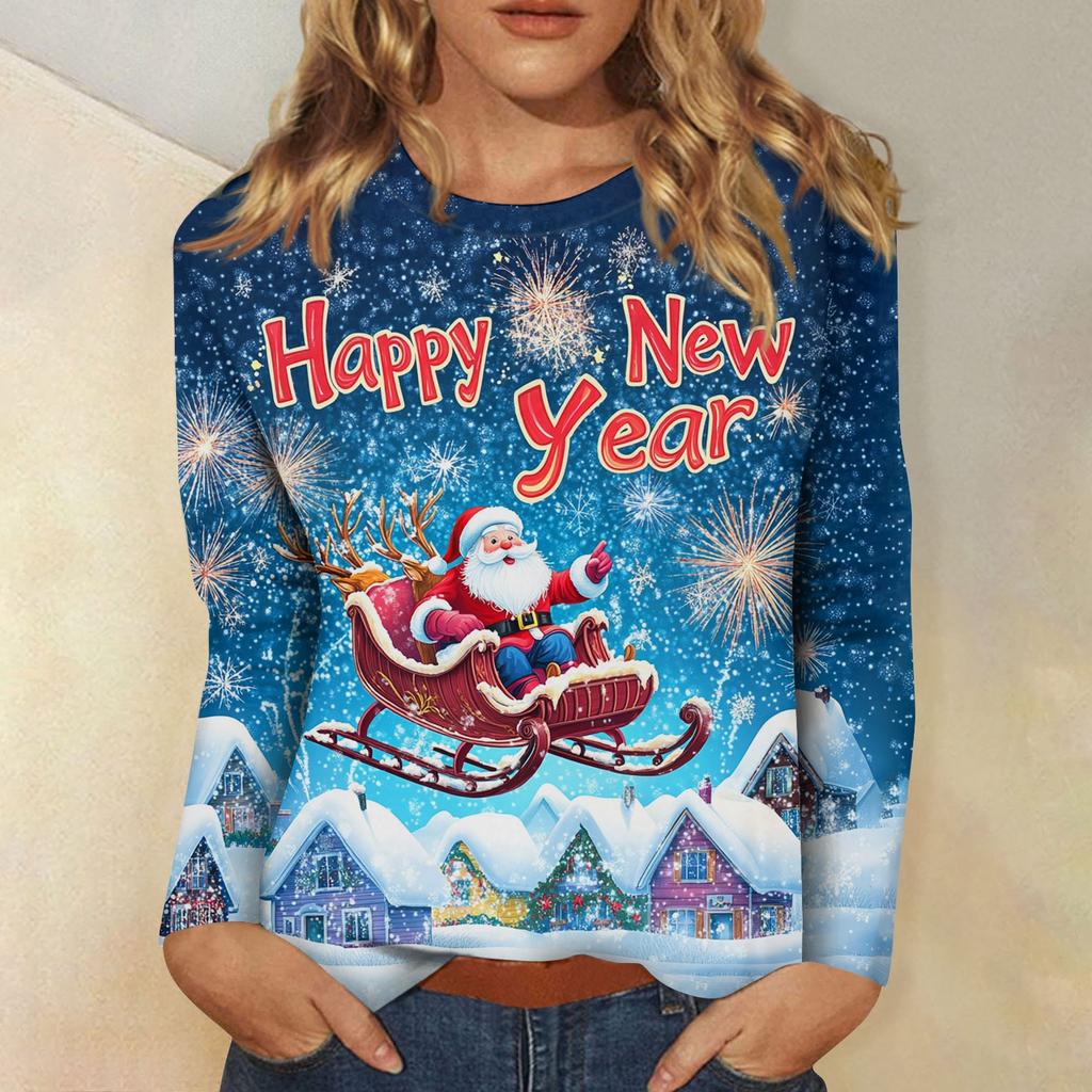 Women's Casual Fashion Sexy Comfortable Christmas Printed Round Neck Long Sleeve Top