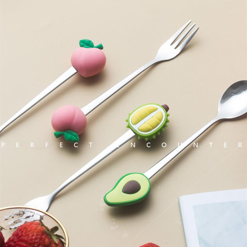 Fruit-shaped Stainless Steel Fruit Fork Spoon Creative Peach Durian Avocado  Dessert Spoon Silicone+ Stainless Steel Fruit Fork