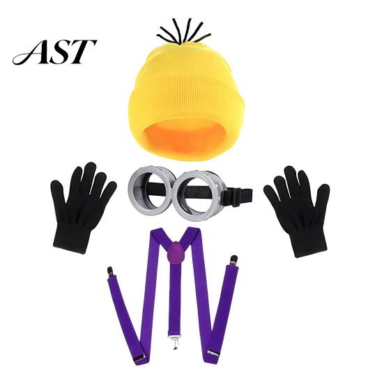 Cosplay Costume Accessories Knit Hat Set, Retro Round Glasses Suspenders Gloves, Halloween Party Black Breathable Gloves Kit for Adults, Funny Themed
