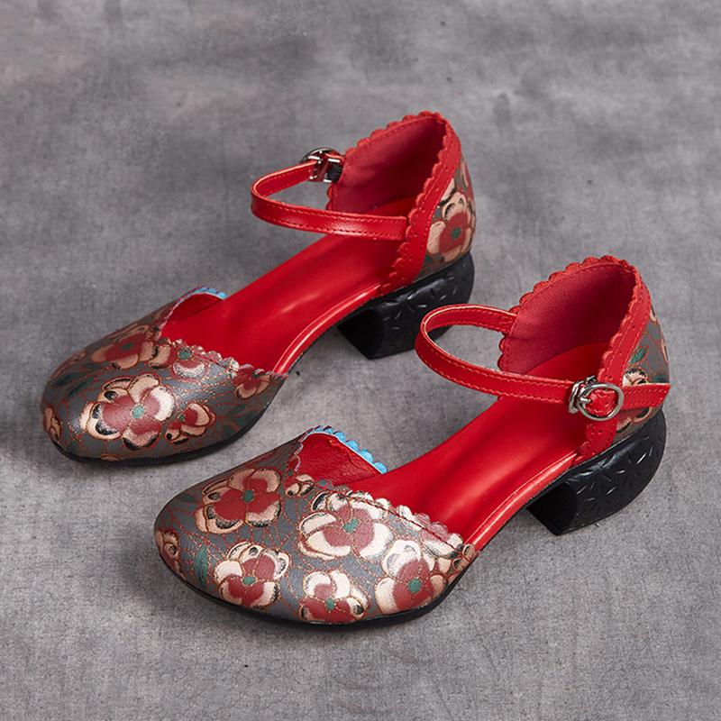 Women Shoes Summer Sandals Genuine Leather 2024 New Fashion Buckle Strap Print Retro Handmade Concise Leisure Ladies Sandals Casual Shoes