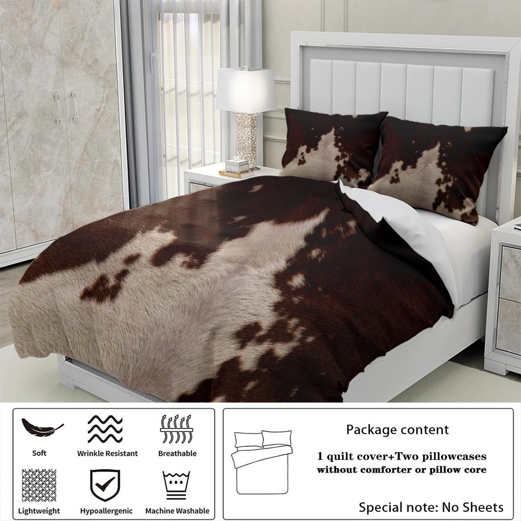 3pcs Duvet cover set printed with plush cow pattern,brown grey splicing,for bedroom and hotel,essential for animal enthusiasts