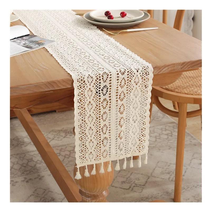 

1Pc Classical Nordic Lace Table Runner Weave Solid Lace Rectangular Table Covers Korean Beige Simplicity Shoe Cabinet Cloth 24x140cm бежевий