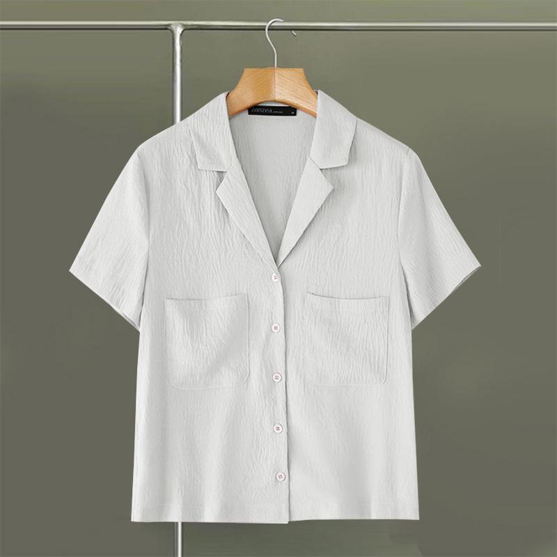 

ZANZEA Женская летняя блузка с классическим воротником, повседневная, с коротким рукавом S белый